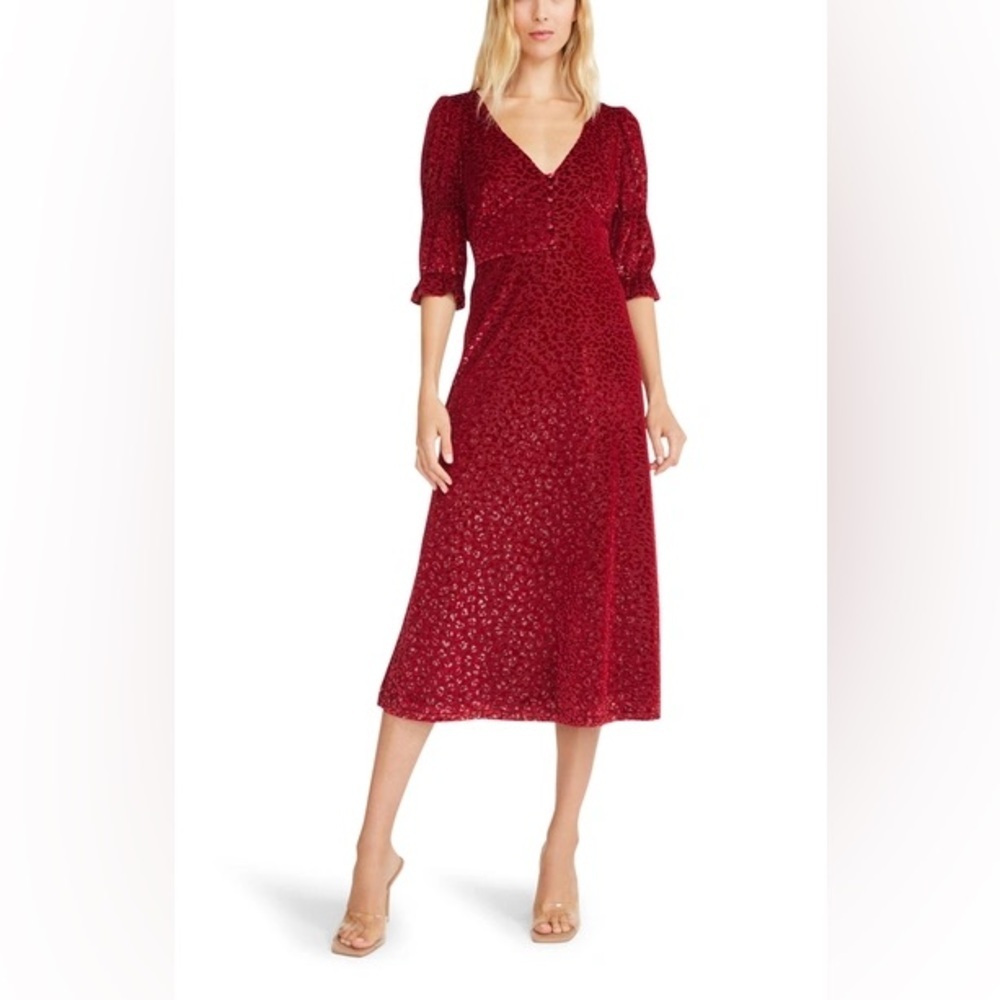 Betsey Johnson Red Velvet Burnout Animal Print Midi Dress 3/4 Sleeves